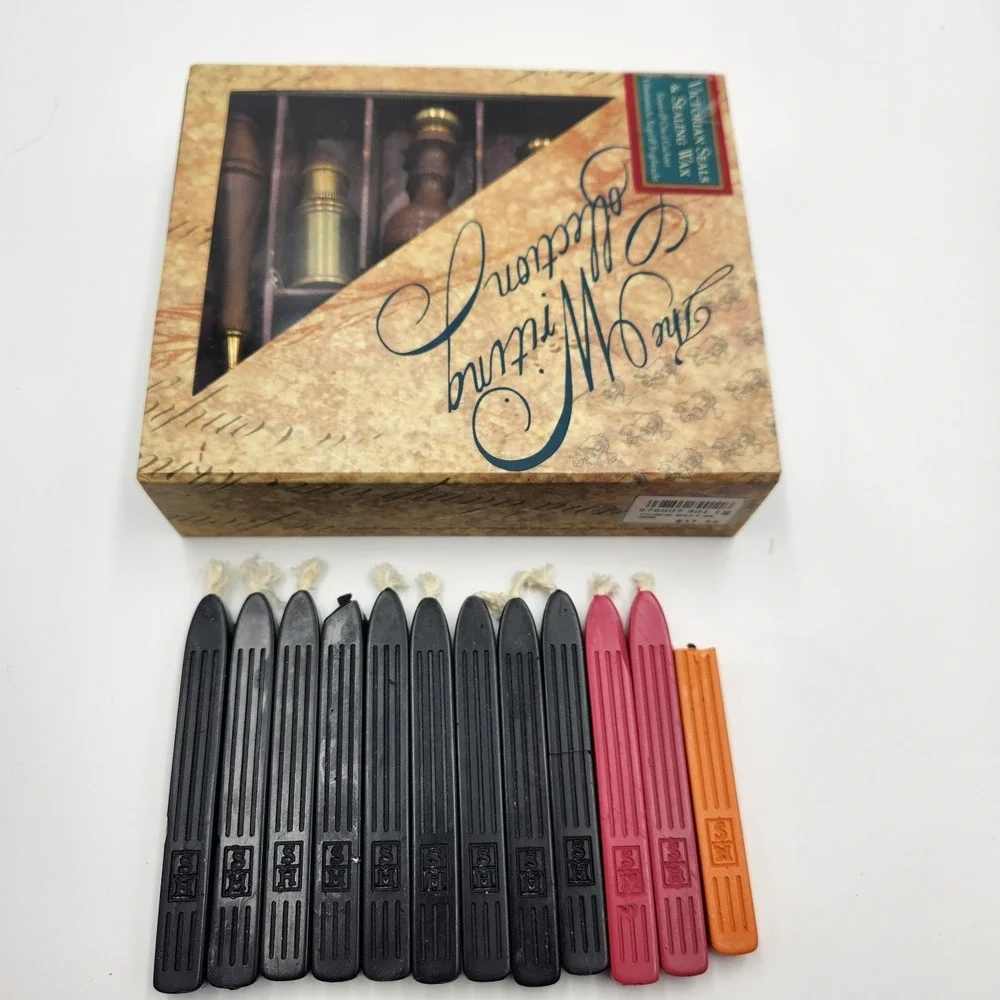 AUTHENTIC MODELS Victorian Seals & Sealing Wax Set Wood Brass + 12 Extra Wax
